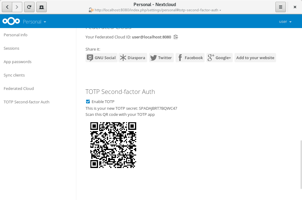 The newly generated TOTP secret is shown. Next to it you'll see a QR-code